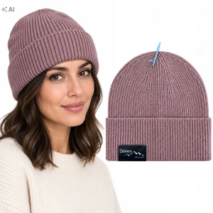 Czapka Zimowa Damska Różowa Ciepła Beanie Wywijana Prążek SVR