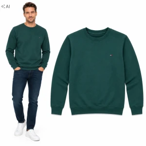 Bluza Męska Bez Kaptura Bawełniana Klasyczna Gładka Crewneck Zielona