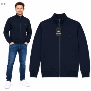 Bluza Męska Duże Rozmiary Rozpinana Bez Kaptura Bawełna Stójka Granat
