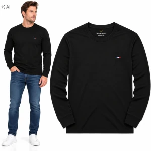 Koszulka Męska Bawełniana Długi Rękaw Longsleeve Podkoszulek Czarny