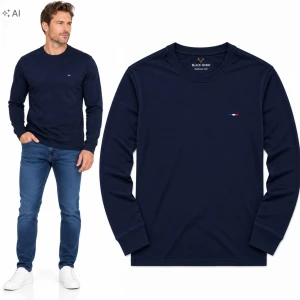 Koszulka Męska Bawełniana Długi Rękaw Longsleeve Podkoszulek Granatowy