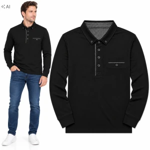 Koszulka Polo Męska Długi Rękaw Bawełniana Elegancka Bluzka Czarny