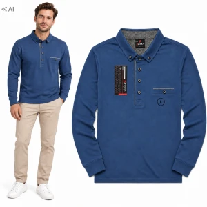 Koszulka Polo Męska Długi Rękaw Bawełniana Elegancka Bluzka Jeansowy