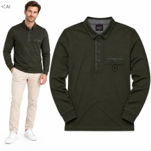 Koszulka Polo Męska Długi Rękaw Bawełniana Elegancka Bluzka Khaki