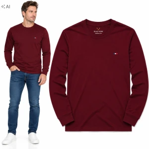 Koszulka Męska Bawełniana Długi Rękaw Longsleeve Podkoszulek Bordowy
